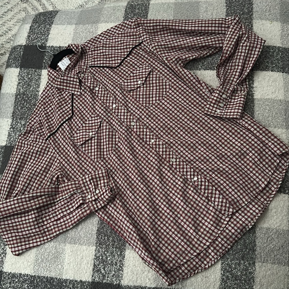 VTG XL men’s western plaid , tan, Burgandy vintage pearl button up shirt 🕰️